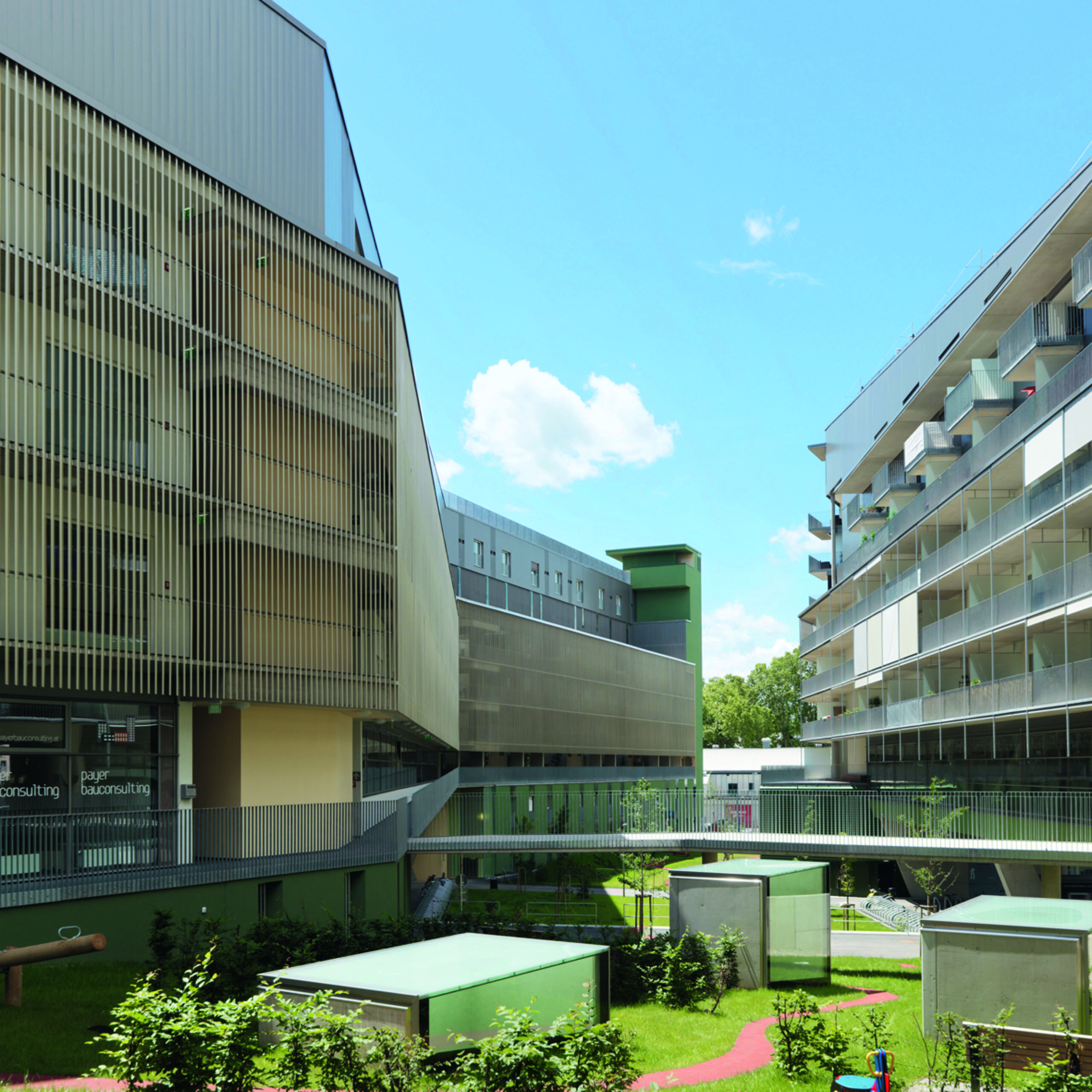 El Messequartier en Graz es un desarrollo multifacético que incluye unidades residenciales, espacios comerciales e instalaciones comunitarias