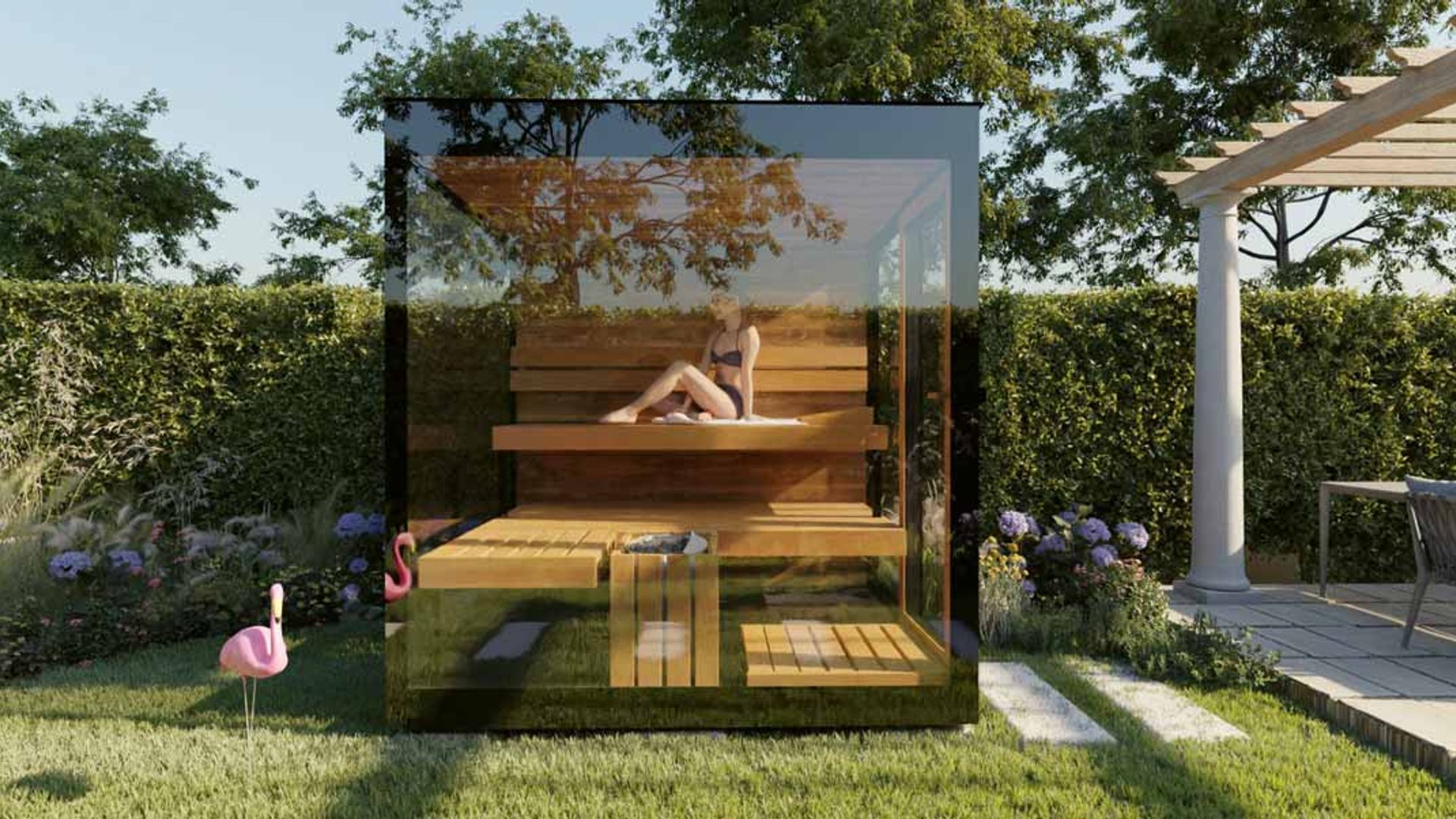 Beta Wellness Familie sauna met panoramisch uitzicht op de tuin