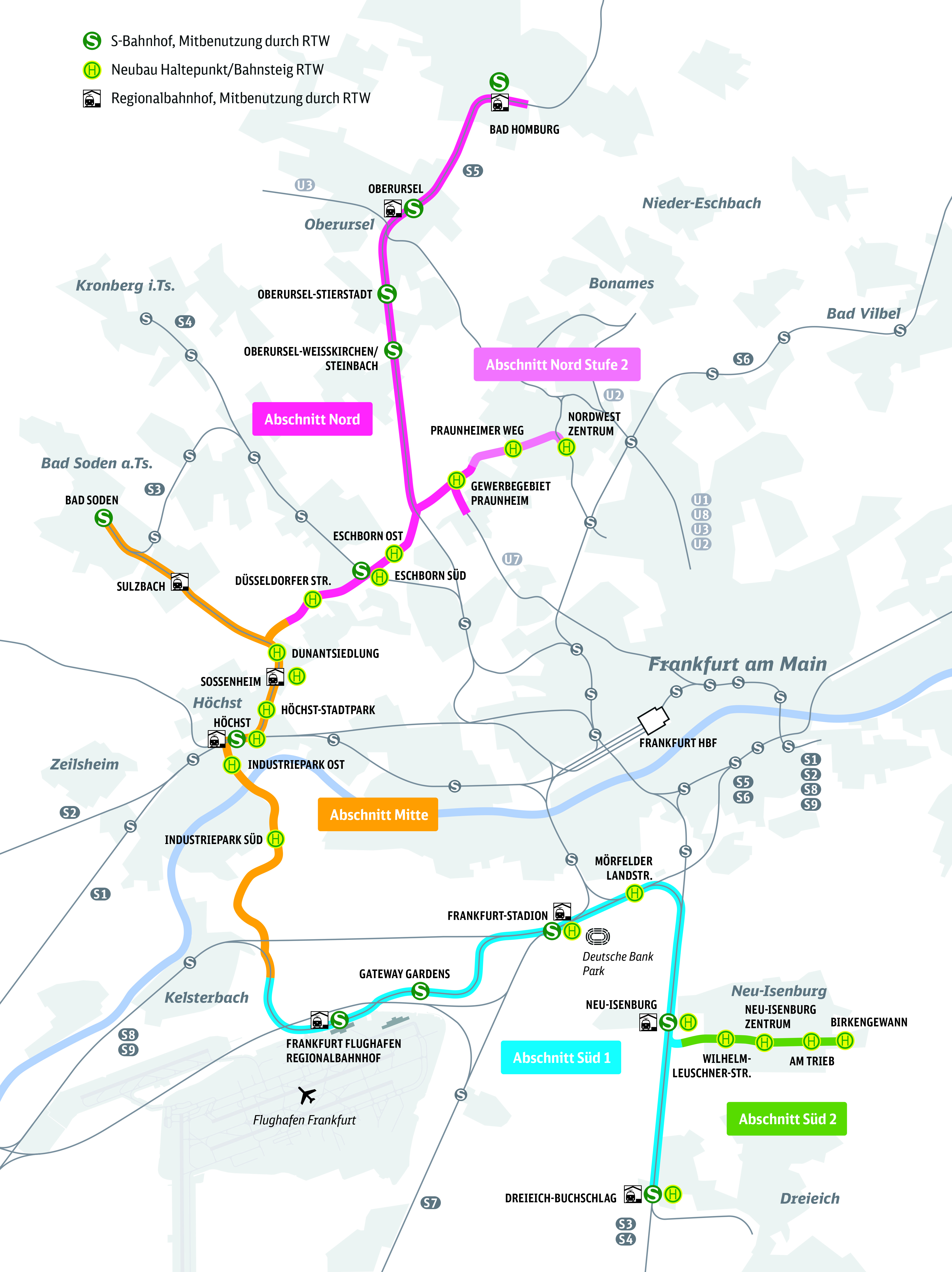 Geplante Streckenführung der Schienenverbindung Regionaltangente West, konzipiert zur Verbindung wichtiger Standorte und Verkehrsknotenpunkte in der Rhein-Main-Region