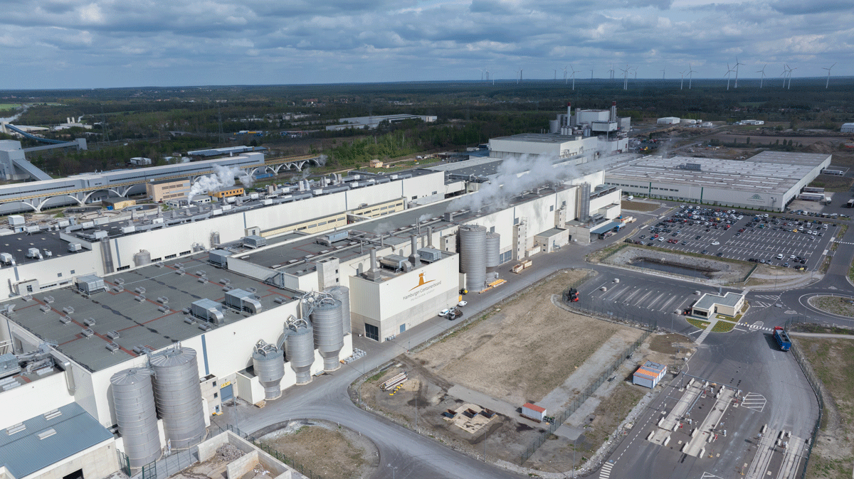 An aerial view shows the Spremberg site, one of the largest and most modern production sites of the Prinzhorn Group in Europe