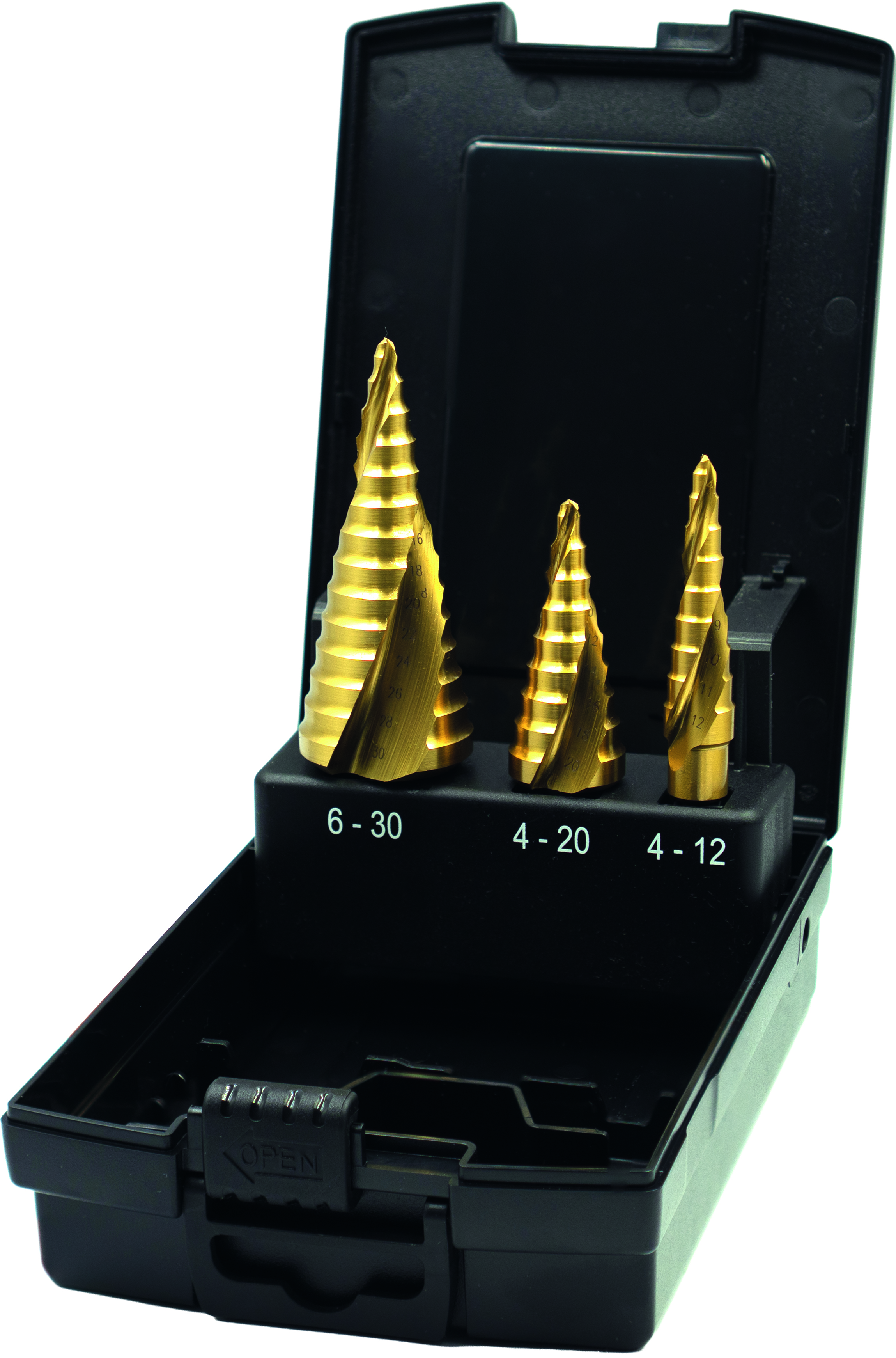 El juego de brocas escalonadas en espiral Phantom Erg-Step para uso universal, diseñado para ofrecer agujeros perfectamente redondos y precisos constantemente